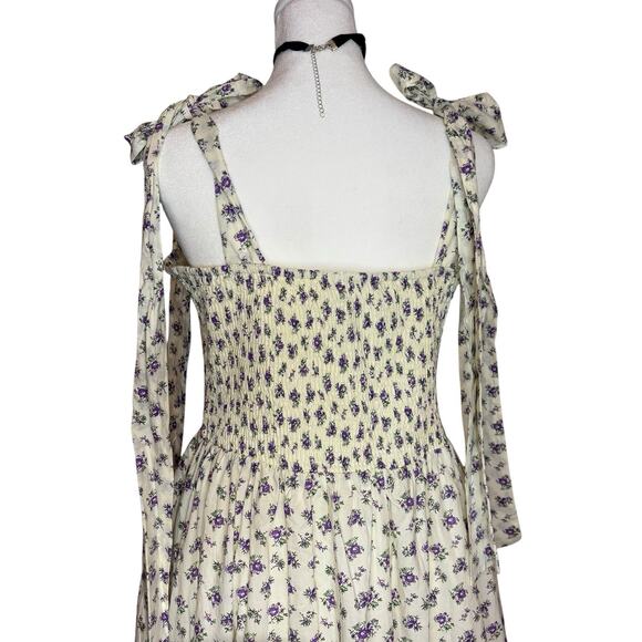 English Factory Floral Maxi Dress Lrg White Purple Smocked Midi Boho Cottage Bow - Picture 9 of 14
